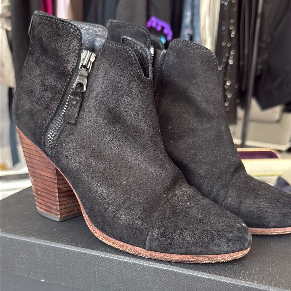 Rag & Bone Black Ankle Booties with Suede Texture and Side Zipper